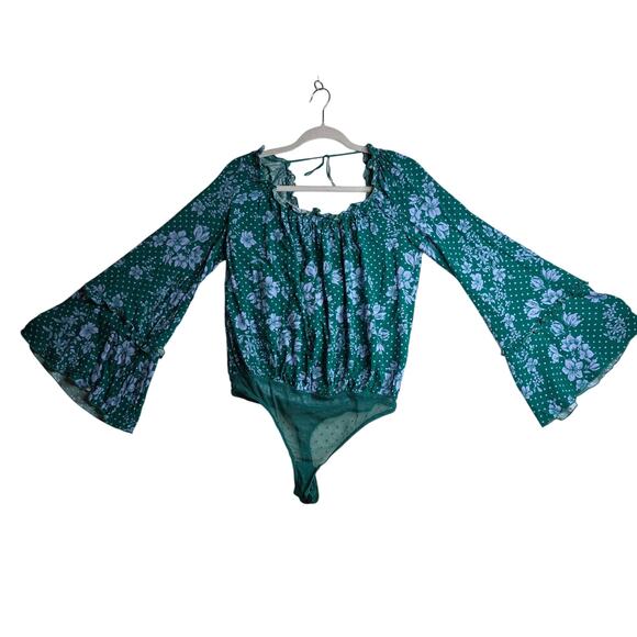 FreePeople Intimately SzM Green Polka-dot Floral Extra Wide BellSleeve top FLAW! - Picture 1 of 14